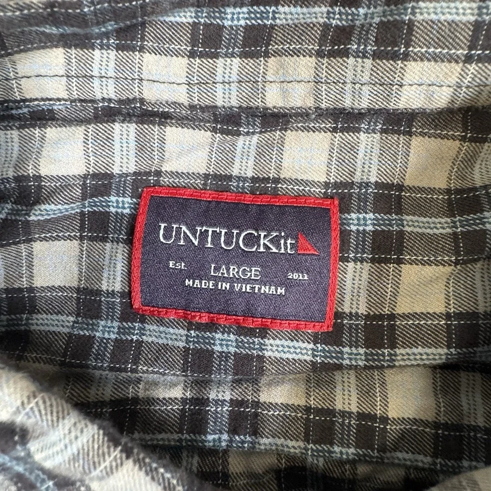 Untuckit Men's L Blue Gray Plaid‎ Cotton Long Sleeve Button Shirt